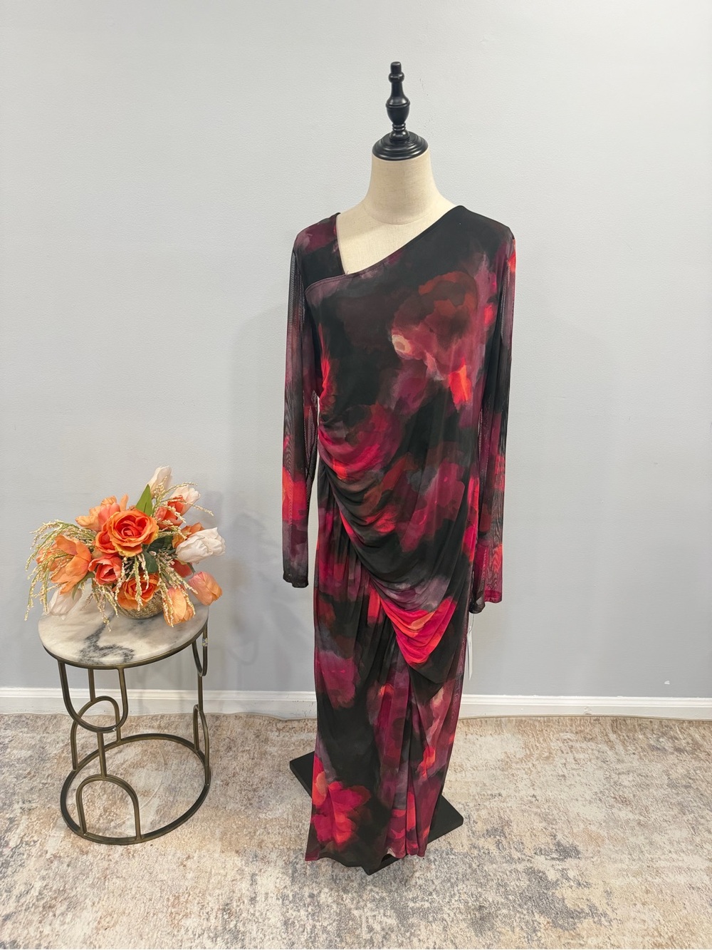 DKNY Floral Asymmetrical Neckline Long Sleeves Draped Maxi Dress - Reemoly